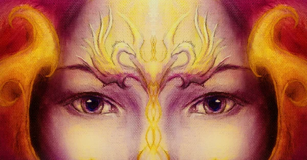 Mystic woman face with gold ornamental tattoo and two phoenix birds, purple background. eye contact.