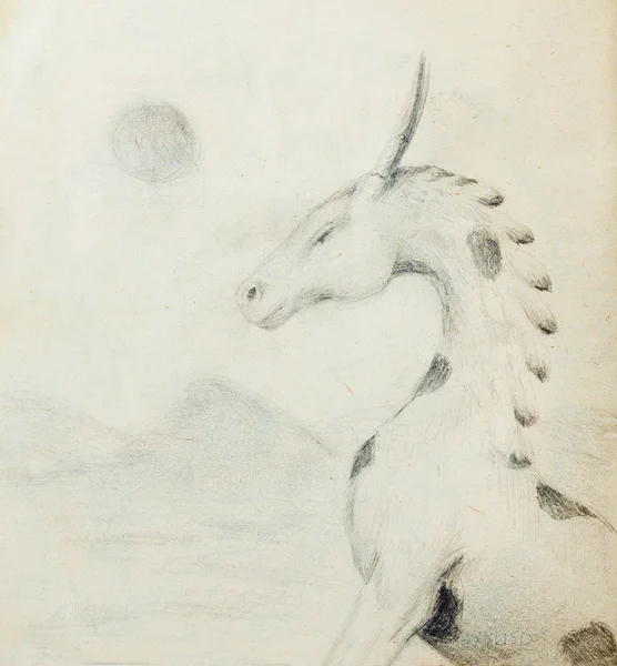 Pencil drawing dragon on old paper background.