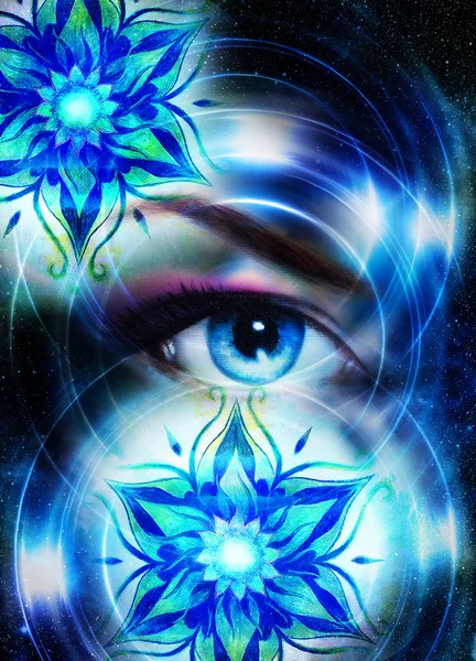 Goddess Woman eye and oriental ornamental mandala in cosmic space.