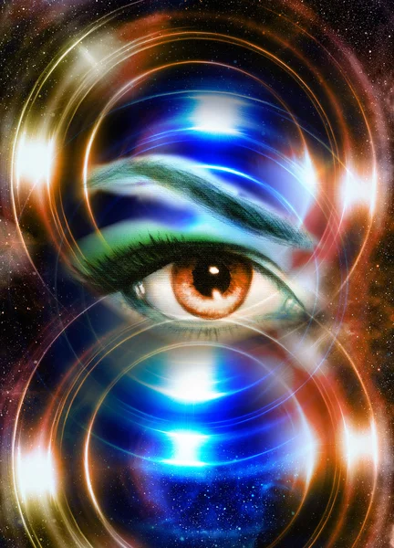 Woman eye and cosmic space, with light circle. blue color.
