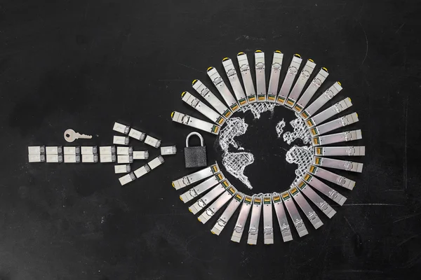 SFP network modules  as the shape of Earth and  arrow, padlock and key on the black background.Concept of internet security/computer data encryption / data protection / security enhancement