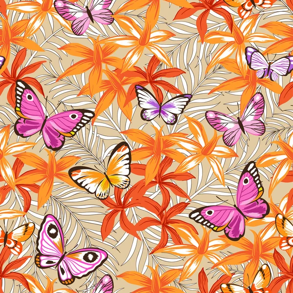 Seamless exotic pattern with tropical leaves, flowers and butterflies. Blooming jungle.