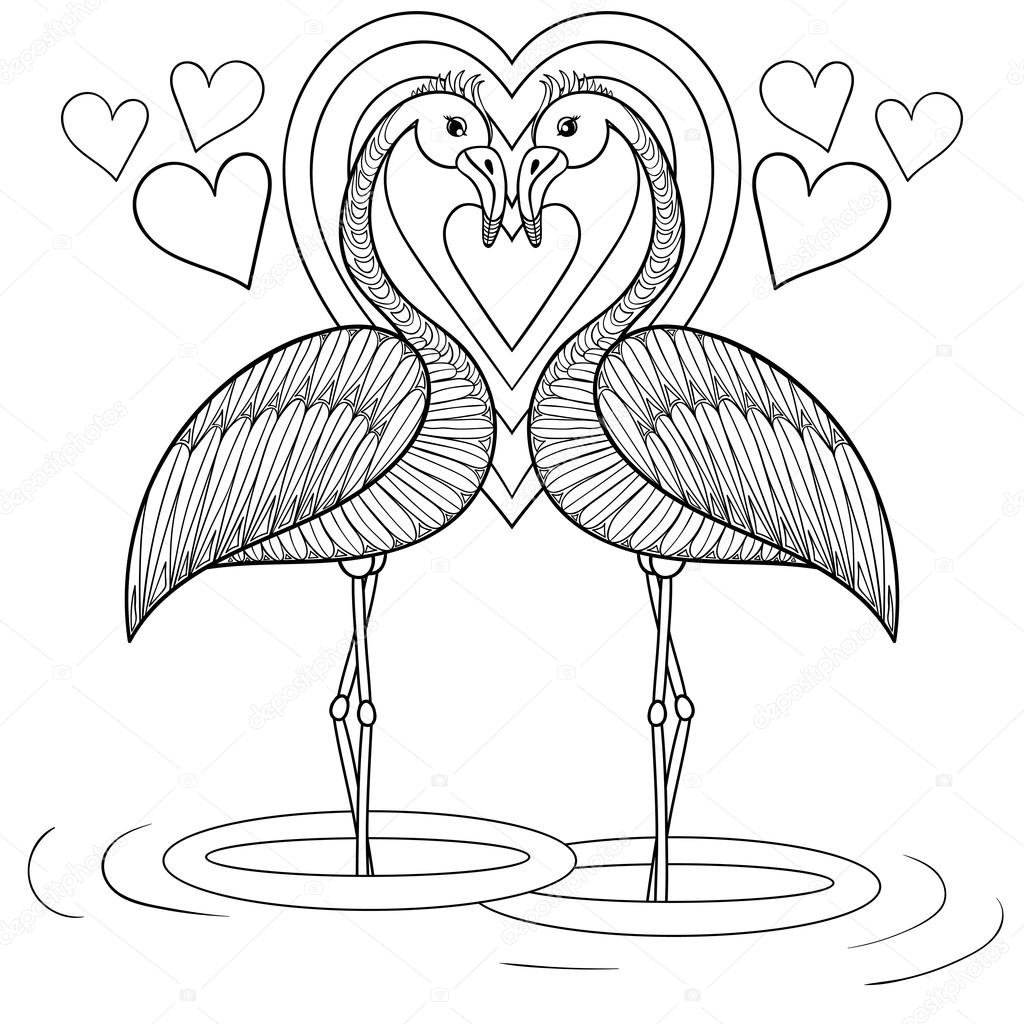 coloring page with flamingo in love zentangle hand