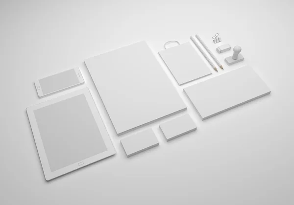 White 3D illustration brand stationery mockup with soft shadows.