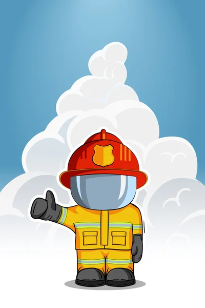 Vector hand drawn illustration. Isolated character firefighter in protective suit stands and raises his finger up. Smoke on a blue background.