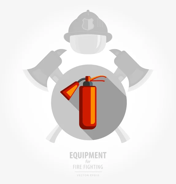 Vector flat color icon illustrations - equipment for fire or volunteer. Color image on black and white background in form emblem of the shield and ax. fire extinguisher.