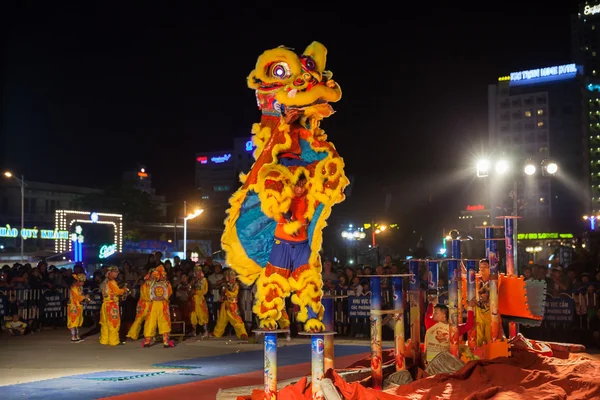 Acrobats perform lion dance show during  dance competitions commemorated to the Chinese New Year