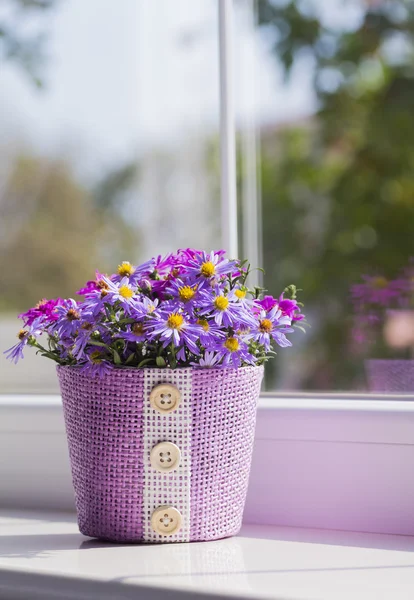Bunch of small purple chrysanthemums in lilac basket near window