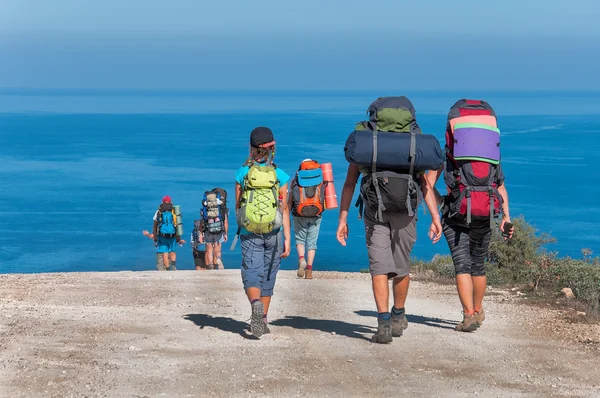 Group of tourists with backpacks are on road sea