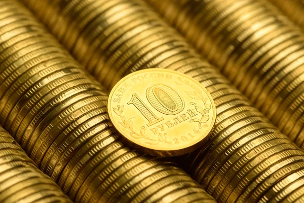 Russian rubles stack of metal gold coins background