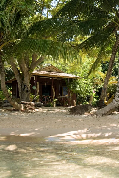 Simple bungalow under palm trees at the beach