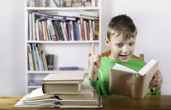 Confused boy student reading book