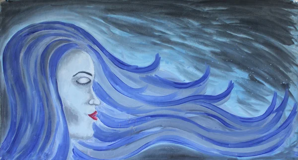 Beautiful face mermaid long hair on underwater background acrylic painting