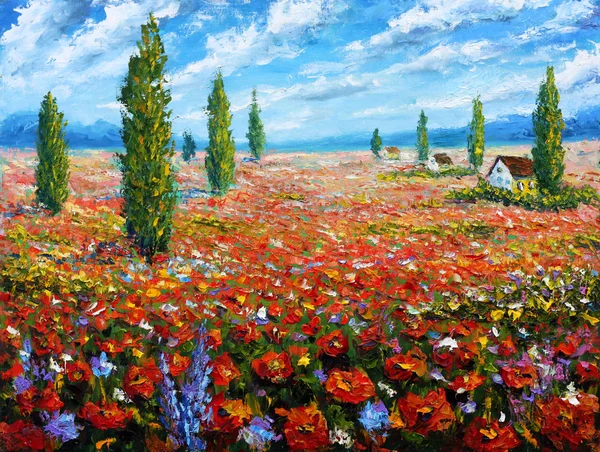 Flower painting Field of red poppies. ORIGINAL oil painting of flowers, beautiful red flowers landscape.