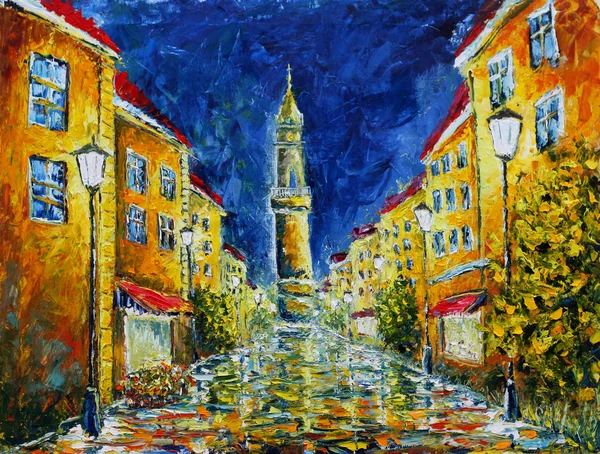 Original oil painting Lonely rainy night street.