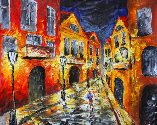 Original oil painting. Lonely rainy night street
