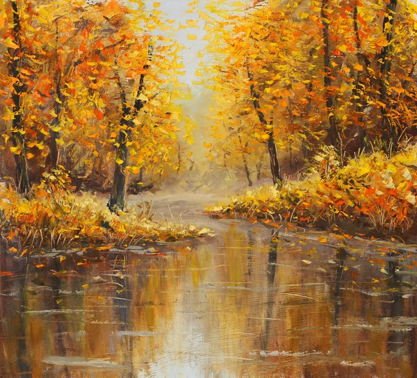 Golden autumn in river. Yellow oil painting. Art.