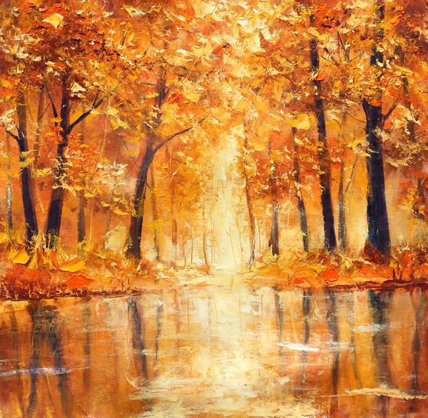 Reflection of autumn trees in water. Painting.