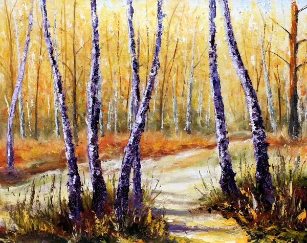 Birch trees in a sunny forest. Palette knife artwork. Impressionism. Art.