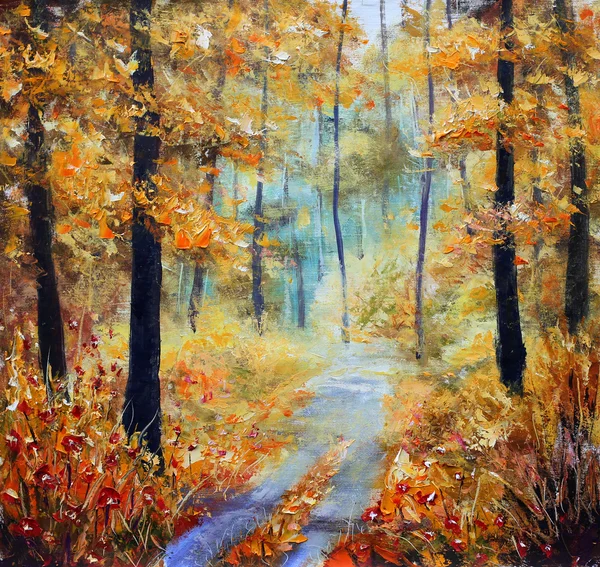 Road in the autumn forest. Original oil painting.