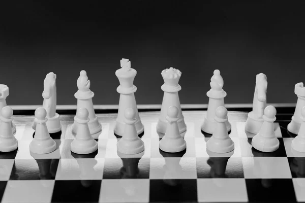 Chess pieces lining up on Chess board on dark background behind