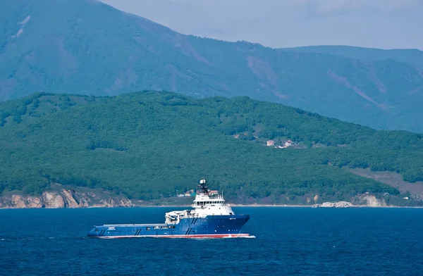 Tug Neptune moves by sea on a background of the shore. Nakhodka Bay. East (Japan) Sea. 27.05.2014