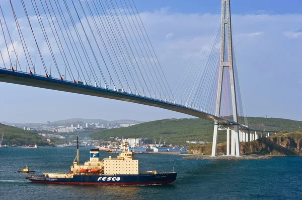 Eastern Bosphorus Strait. East (Japan) Sea. 22.05.2015: Icebreaker Kapitan Khlebnikov is moving under the bridge. Eastern Bosphorus Strait. East (Japan) Sea. 22.05.2015