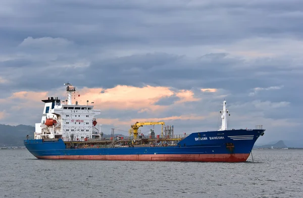 Nakhodka, Russia-02.07.2015: Tanker Vitaly Vanykhin anchored in the roads. Nakhodka Bay. East (Japan) Sea. 02.07.2015