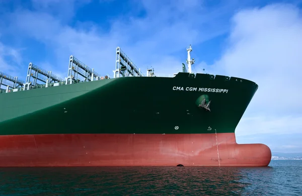 Nakhodka, Russia- 17.09.2015: The bow of a huge container ship CMA CGM Mississippi at anchored in the roads. Nakhodka Bay. East (Japan) Sea. 17.09.2015