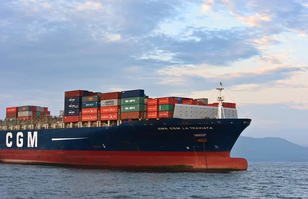 Nakhodka, Russia- 05.08.2015: The bow of a huge container ship CMA CGM La Traviata at anchored in the roads. Nakhodka Bay. East (Japan) Sea. 05.08.2015