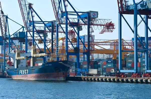 Vladivostok, Russia- 02.09.2015: Container ship FESCO Pevek standing at berth container terminal. Vladivostok. East (Japan) Sea. 02.09.2015