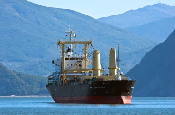 Nakhodka, Russia- 04.10.2015: Bulk carrier Alishan Blossom standing on the roads against the backdrop of a mountain coast. Nakhodka Bay. East (Japan) Sea. 04.10.2015