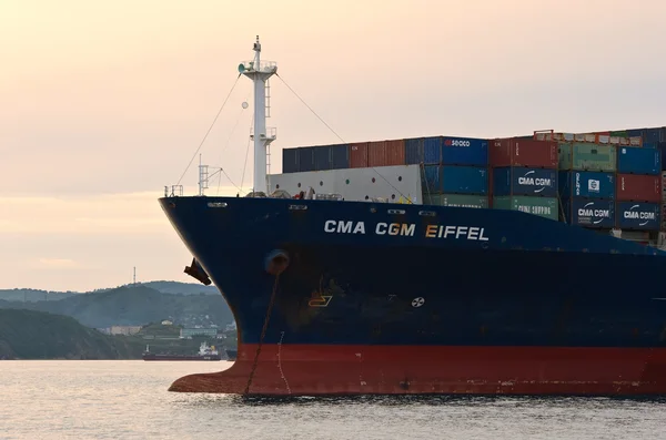 Nakhodka Bay. East (Japan) Sea. 30 June 2015: The bow of a huge container ship CMA CGM Eiffel anchored.