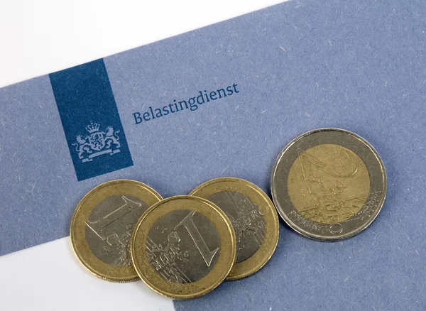 Dutch blue tax envelope of the tax office with euro coins