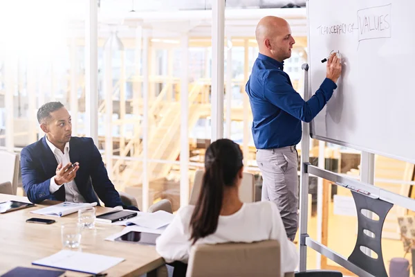 Businessman writing on white board