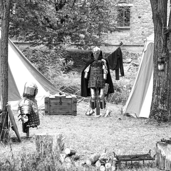 Playback of a medieval camp. Black and white photo
