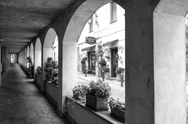 Monforte d\'Alba (Cuneo); old alley. Black and white photo