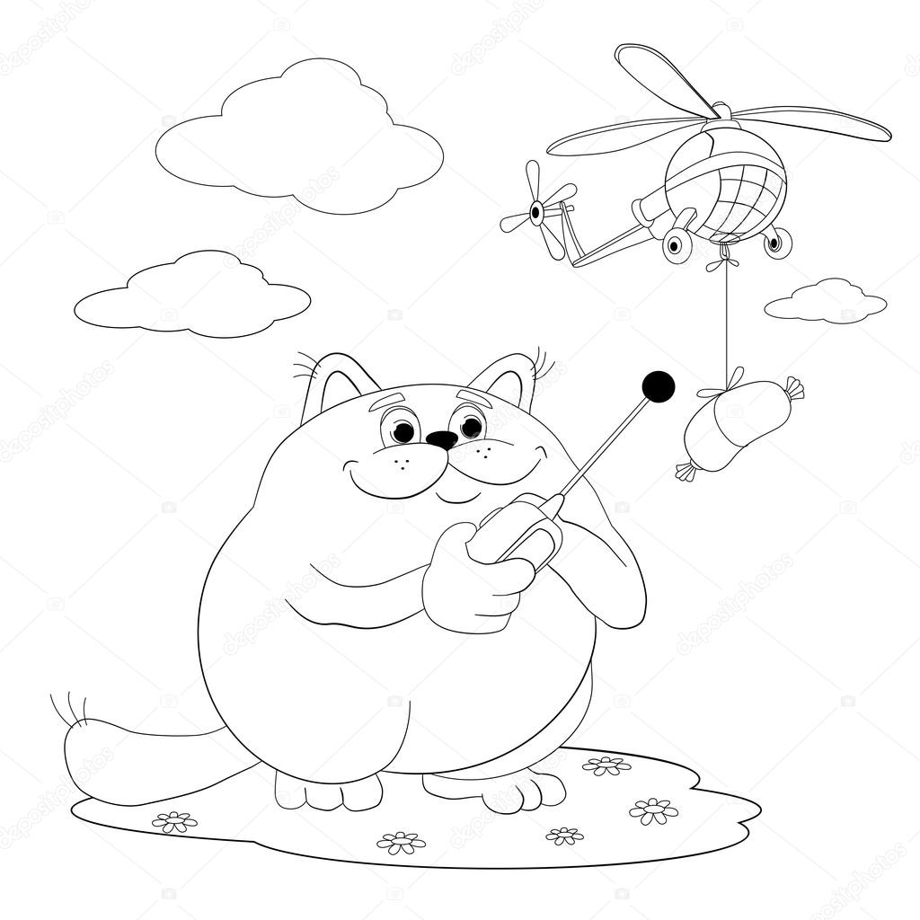 Chat jouant avec saucisse — Image vectorielle vitasunny © Dessin animé amusant petit chat joue avec un hélicopt¨re de jouet l hélicopt¨re est liée petites saucisses livre de coloriage— Vector by vitasunny