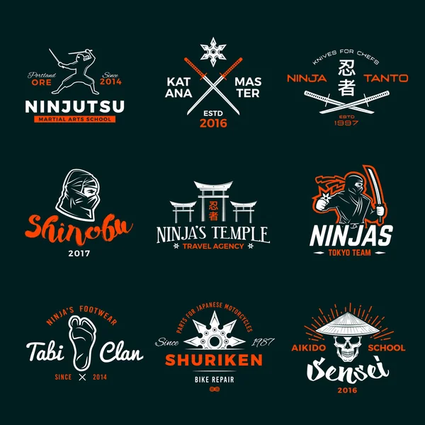 Set of Japan Ninja Logo. Ninjato sword insignia design. Vintage shuriken badge. Mixed martial art tournament t-shirt illustration on navy background