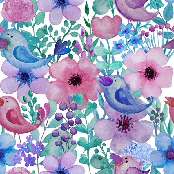 Seamless pattern with hand drawn watercolor birds and flowers.