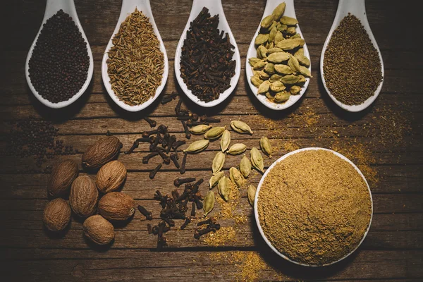 Spices on wooden spoons