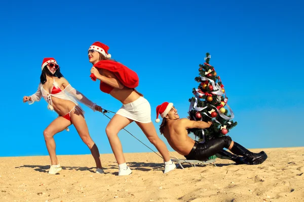 Sexy Santas  pulling Santa at  beach