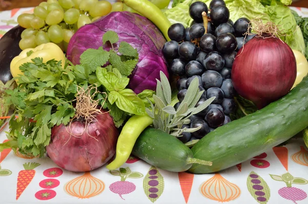 Closeup of violet and green healthy vegetables and fruits