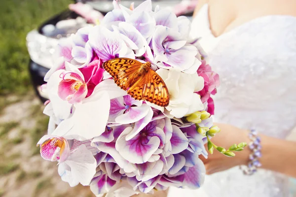 A butterfly sitting on a bright colorful orchid wedding bouquet