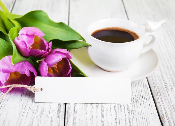 Tulips bouquet blank greeting card and coffee cup