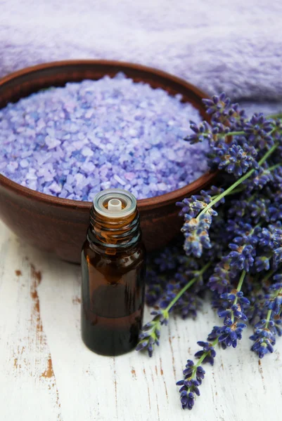 Lavender oil with bath salt and fresh lavender