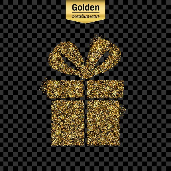 Gold glitter vector icon of gift box isolated on background. Art creative concept illustration for web, glow light confetti, bright sequins, sparkle tinsel, abstract bling, shimmer dust, foil.