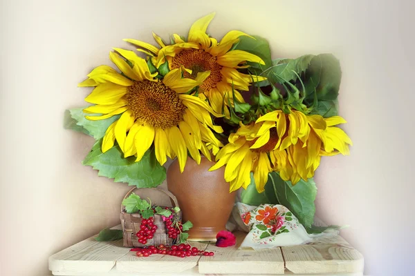 Still life with sunflowers and red currants .