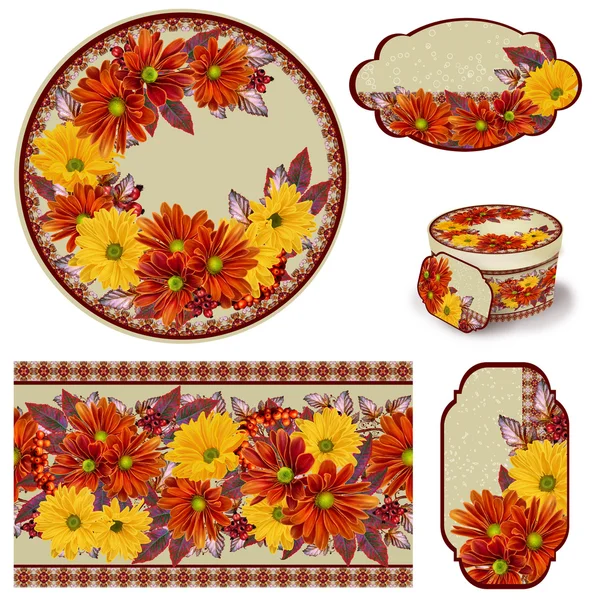 Chrysanthemum flowers. The composition of orange and yellow chrysanthemums. Autumn colorful leaves. Set for packaging. Box round. Label.decoupage. Floral background. Flower border. Pattern. Mosaic.
