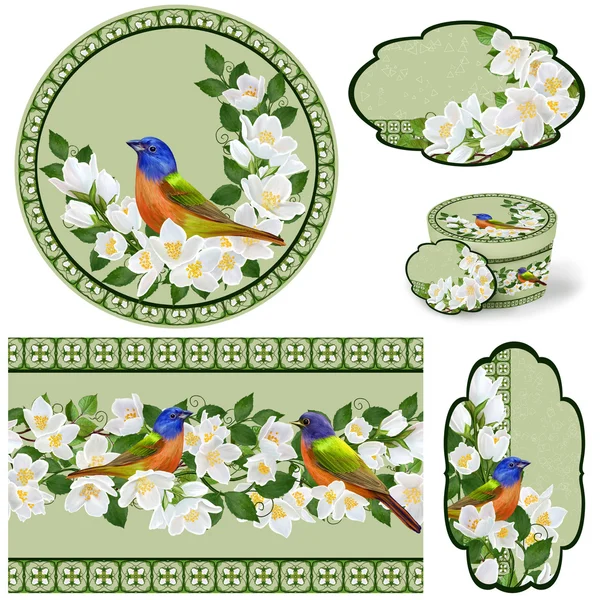 Set for packaging. Box round. Label.decoupage. Floral background. Flower border. Pattern. Mosaic.The bright bird on a branch of a blooming white jasmine in the spring.
